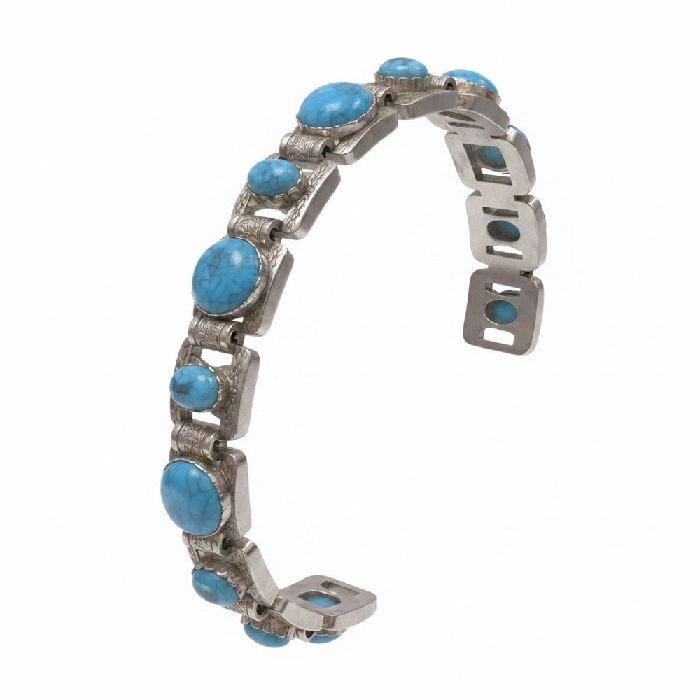 Vintage Style Link Bracelet Round Cabachon Turquoise Stones Southwest Costume